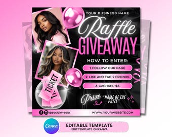 May include: A digital raffle giveaway flyer template featuring a black background with pink balloons, two photos of individuals, and pink raffle tickets in a glass bowl. Text includes Raffle Giveaway, How to Enter, and Name of the Prize.