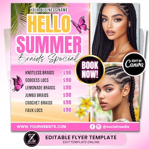 Summer Braid Sale Flyer, Summer Sale Flyer, Braid Prices Flyer, Braids Sale Flyer, Hair Flyer, Lashes Flyer, Braids Special Flyer Template