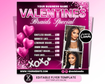 Valentines Day Braid Sale Flyer, February Flyer, Braid Prices Flyer, Braids Sale Flyer, Hair Flyer, Lashes Flyer, Instagram Post Template