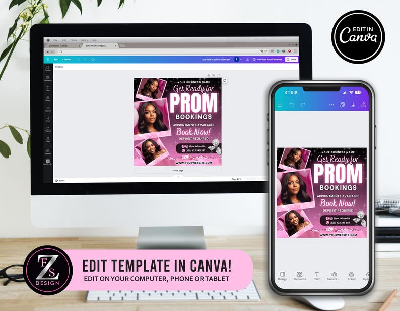 Pode incluir: Um modelo gr&aacute;fico digital rosa e preto para um an&uacute;ncio de reserva de baile de formatura. O modelo apresenta um fundo rosa com texto preto e diamantes. O texto diz "Get Ready for Prom Bookings" e "Book Now!" com um endere&ccedil;o de site na parte inferior. O modelo &eacute; projetado para ser editado no Canva.