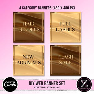 May include: Four gold web banners with a textured background. The banners feature the text "Hair Bundles", "Full Lashes", "New Arrivals", and "Flash Sale".