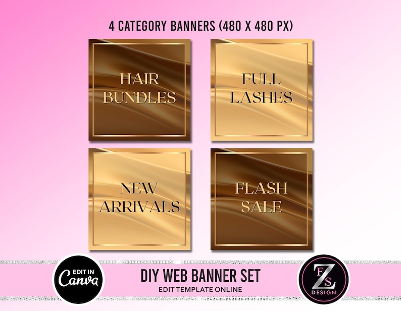 May include: Four gold web banners with a textured background. The banners feature the text "Hair Bundles", "Full Lashes", "New Arrivals", and "Flash Sale".