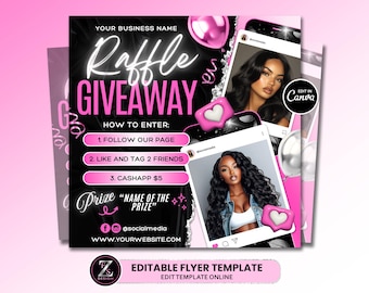 Flyer weggeefactie loterij, bewerkbare flyer voor prijskaartje, wimpers vlechten nagels pruik make-up sjabloon