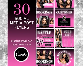 30 Social Media Posts Templates, Hair Flyer Template, Lash Flyer, Braids Flyer Template, Book Now Flyer, Hair Price List Flyer Template