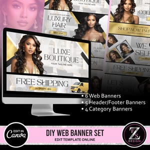 DIY Web Banners Set, 15 Website Banners Beauty Artist Hair Nails Boutique, Black, Gold and White Web Banners, Shopify Web Canva Templates
