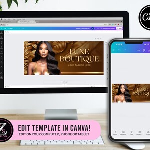 May include: A digital mockup of a social media banner template for a beauty or fashion boutique. The banner features a woman with long dark hair, wearing a gold top, against a background of gold leaf and the text "LUXE BOUTIQUE" with the tagline "YOUR TAGLINE HERE".