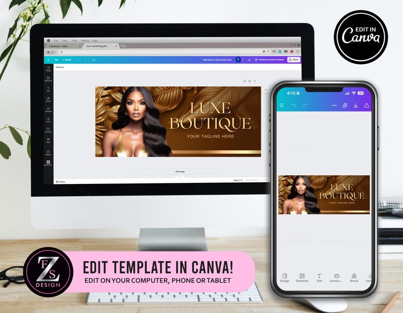 May include: A digital mockup of a social media banner template for a beauty or fashion boutique. The banner features a woman with long dark hair, wearing a gold top, against a background of gold leaf and the text "LUXE BOUTIQUE" with the tagline "YOUR TAGLINE HERE".