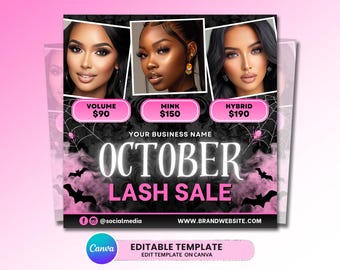 May include: A square digital flyer template featuring three portraits of individuals with eyelash extensions. The design includes pink smoke, black bats, and spider webs. Text reads: OCTOBER LASH SALE, VOLUME $90, MINK $150, HYBRID $190, YOUR BUSINESS NAME, @socialmedia, and WWW.BRANDWEBSITE.COM.