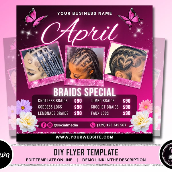 April Braid Sale Flyer, April Flyer, Braid Prices Flyer, Braids Sale Flyer, Hair Flyer, Lashes Flyer, Braids Special Flyer Template