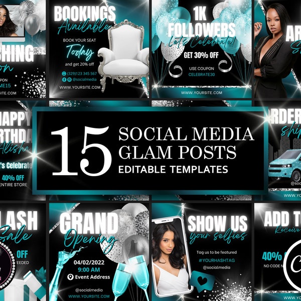 15 Social Media Posts Templates, Hair Flyer Template, Beauty Flyer, Boutique Flyer Template, Dark Teal Flyer, Instagram Flyer Template