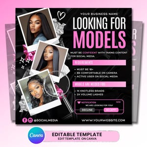 Può includere: Annuncio sui social media nero e rosa con la scritta "LOOKING FOR MODELS". L'annuncio include foto di modelle, una lente d'ingrandimento e il logo Canva. L'annuncio elenca i requisiti e le esigenze delle modelle.