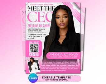 Folleto "Conozca al CEO", plantilla para pequeñas empresas, folleto para emprendedores, plantilla para portada de revista, folleto de marca para mujeres en los negocios