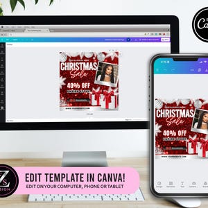 May include: A computer monitor and a smartphone displaying a red Christmas sale template with text reading CHRISTMAS Sale 40% OFF ENTIRE STORE, featuring silver ornaments, gift boxes with red bows, and a photo frame with a person's portrait.