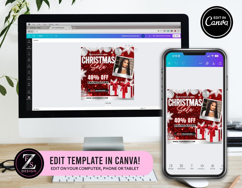 May include: A computer monitor and a smartphone displaying a red Christmas sale template with text reading CHRISTMAS Sale 40% OFF ENTIRE STORE, featuring silver ornaments, gift boxes with red bows, and a photo frame with a person's portrait.