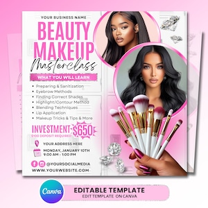 Flyer make-up masterclass, flyer sjabloon MUA-cursus, social media-sjabloon schoonheidssalon opleiding, flyer klasse make-up artist