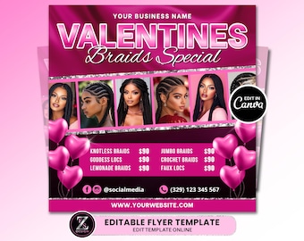 Valentines Day Braids Flyer, February Flyer, Braid Price List Flyer, Braids Sale Flyer, Hair Flyer, Lashes Flyer, Braids Specials Flyer