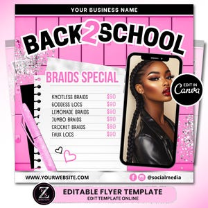 Back to School Sale Flyer, Braid Prices Flyer, Braids Sale Flyer, Back 2 School Flyer, Lashes, Hair Flyer, Braids Special Flyer Template