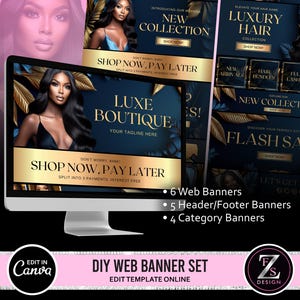 May include: A set of six web banners for a hair boutique. The banners feature a dark blue background with gold accents and images of women with long, luxurious hair. The banners advertise a new collection, flash sale, and shop now, pay later options. The text on the banners includes "Luxe Boutique", "New Collection", "Flash Sale", and "Shop Now, Pay Later".