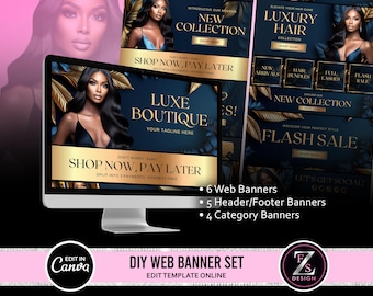 DIY Web Banners Set, 15 Website Banners Beauty Artist Hair Nails Boutique, Gold and Dark Blue Web Banners, Shopify Web Canva Templates