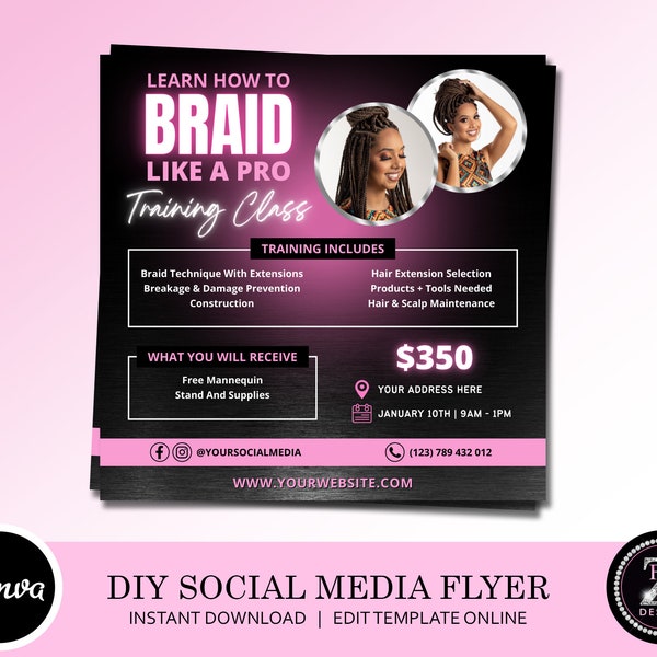 Braid Class Flyer, DIY Hair Flyer, Braiding Training Flyer, Social Media Beauty Hair Lashes Nails Boutique Editable Canva Template