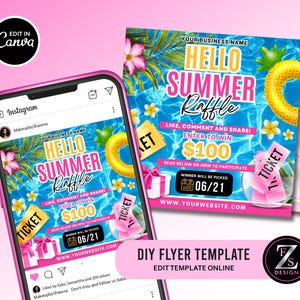 Peut inclure: Un smartphone rose affiche un flyer "Hello Summer Raffle" avec des graphismes tropicaux. Le flyer comprend du texte tel que "Gagnez 100$" et "Aimez, commentez et partagez !" Un deuxi&egrave;me flyer est visible en arri&egrave;re-plan, avec le texte "DIY Flyer Template".