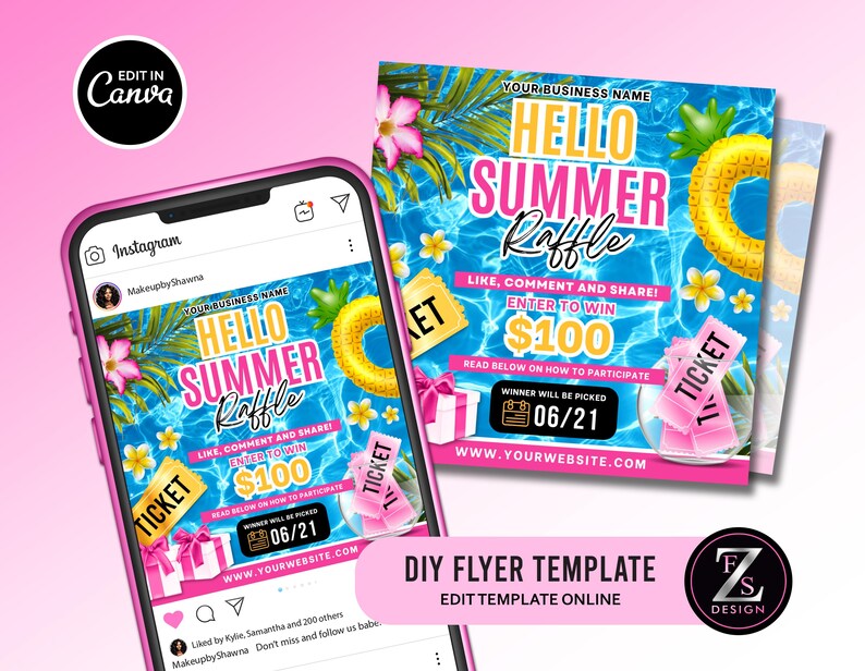 Peut inclure: Un smartphone rose affiche un flyer "Hello Summer Raffle" avec des graphismes tropicaux. Le flyer comprend du texte tel que "Gagnez 100$" et "Aimez, commentez et partagez !" Un deuxi&egrave;me flyer est visible en arri&egrave;re-plan, avec le texte "DIY Flyer Template".