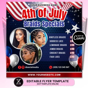 4th of July Braid Sale Flyer, Holiday Sale Flyer, Braid Prices Flyer, Braids Sale Flyer, Hair Flyer, Lashes Flyer, Braids Special Flyer