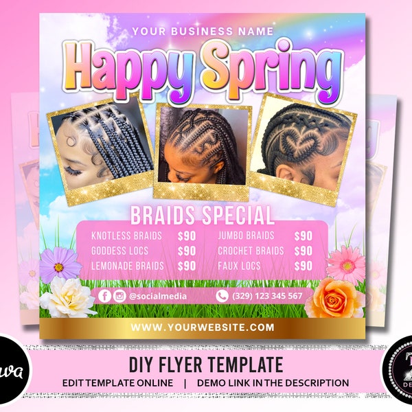 Spring Braid Sale Flyer, Spring Sale Flyer, Braid Prices Flyer, Braids Sale Flyer, Hair Flyer, Lashes Flyer, Braids Special Flyer Template