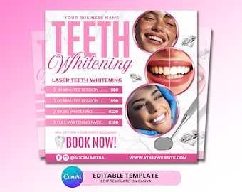 May include: A pink and white advertisement for teeth whitening services. The text reads "TEETH Whitening" with the words "Laser Teeth Whitening" below. The ad includes images of smiling people and a dental mirror. The bottom of the ad says "Book Now!" and includes social media handles.