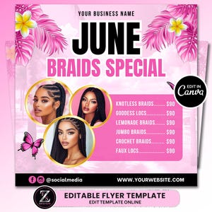 June Braid Sale Flyer, June Flyer, Braid Prices Flyer, Braids Sale Flyer, Hair Flyer, Lashes Flyer, Braids Special Flyer Template