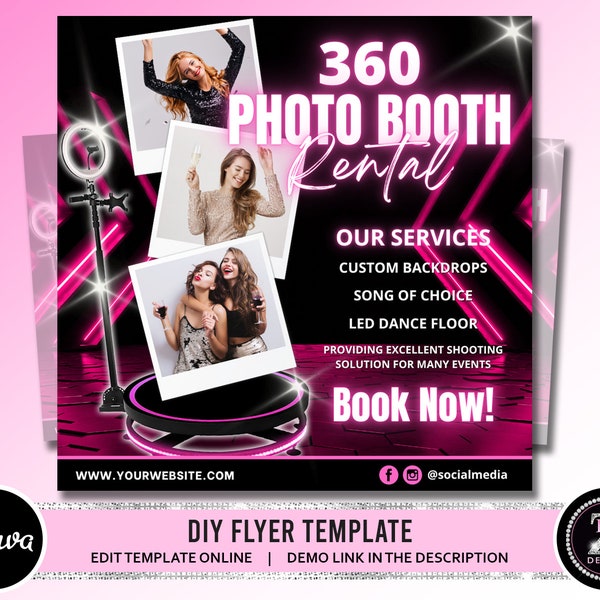 360 Photo Booth Service Flyer, DIY Party Rental Flyer Instagram Social Media Hair Lashes Beauty Boutique Editable Canva Template