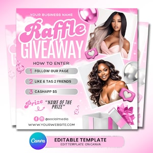 May include: A pink and white promotional graphic for a raffle giveaway. The design includes the text "Raffle Giveaway", instructions on how to enter, and images of women. The graphic also includes social media handles and a website address.