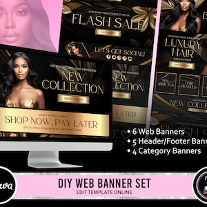 DIY Web Banners Set, 15 Website Banners Beauty Artist Hair Nails Boutique, Gold and Black Web Banners, Shopify Web Canva Templates