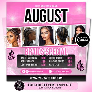 August Braid Sale Flyer, August Flyer, Braids Price List Flyer, Bookings Flyer, Hair Flyer, Lashes Flyer, Braids Special Flyer Template