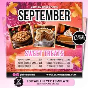 September-Bäckerei-Flyer, Back-Verkaufs-Flyer, September-Flyer für süße Leckereien, Dessert-Flyer, Backshop-Flyer, Kuchen-Flyer, Herbst-Flyer, Gebäck-Flyer