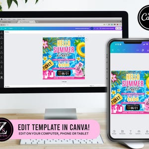 Peut inclure: Un &eacute;cran d'ordinateur et un smartphone affichant un mod&egrave;le "Hello Summer Raffle". Le design pr&eacute;sente des &eacute;l&eacute;ments tropicaux, dont une piscine, des fleurs et un anneau gonflable jaune. Le texte comprend "$100" et "06/21". Le texte "Edit Template in Canva!" est &eacute;galement visible.