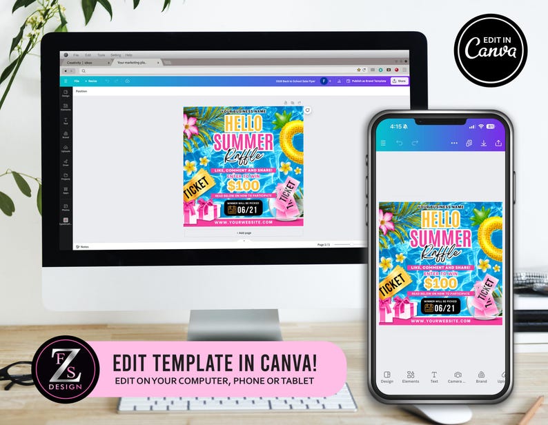 Peut inclure: Un &eacute;cran d'ordinateur et un smartphone affichant un mod&egrave;le "Hello Summer Raffle". Le design pr&eacute;sente des &eacute;l&eacute;ments tropicaux, dont une piscine, des fleurs et un anneau gonflable jaune. Le texte comprend "$100" et "06/21". Le texte "Edit Template in Canva!" est &eacute;galement visible.