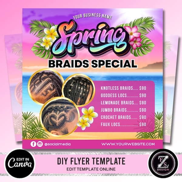 Spring Braids Sale Flyer, Spring Season Flyer, Braid Prices Flyer, Braids Sale Flyer, Hair Flyer, Braids Special Flyer Template