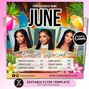 June Braid Sale Flyer, June Flyer, Braid Price List Flyer, Hair Flyer, Lashes Flyer, Braids Special Flyer Template
