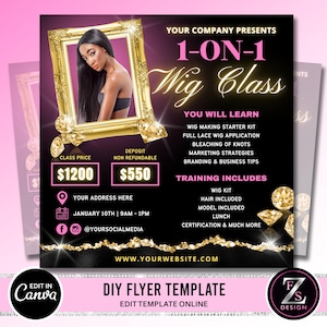 Wig Class Flyer, DIY Hair Flyer, Hair Extension Flyer, Wig Training Class Flyer, Social Media Beauty Lashes Nails Editable Canva Template