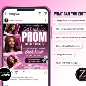 Pode incluir: Modelo de postagem do Instagram rosa e branco para reservas de baile de formatura. O modelo apresenta um fundo rosa com brilho e detalhes de diamantes. O texto "Get Ready for Prom Bookings" est&aacute; em negrito, branco. O modelo tamb&eacute;m inclui uma chamada para a&ccedil;&atilde;o para "Book Now!" e um n&uacute;mero de telefone e uma al&ccedil;a de m&iacute;dia social. O texto "Edit in Canva" est&aacute; em um c&iacute;rculo branco sobre um fundo rosa.