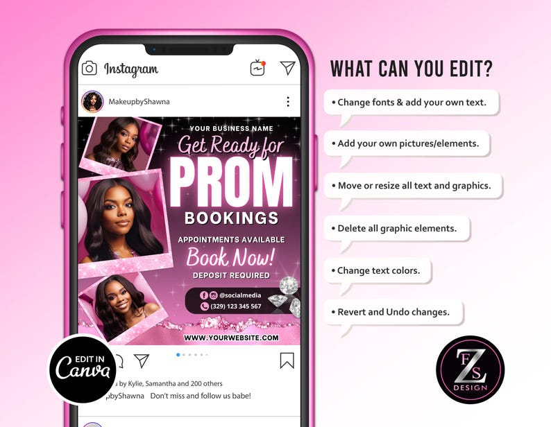Pode incluir: Modelo de postagem do Instagram rosa e branco para reservas de baile de formatura. O modelo apresenta um fundo rosa com brilho e detalhes de diamantes. O texto "Get Ready for Prom Bookings" est&aacute; em negrito, branco. O modelo tamb&eacute;m inclui uma chamada para a&ccedil;&atilde;o para "Book Now!" e um n&uacute;mero de telefone e uma al&ccedil;a de m&iacute;dia social. O texto "Edit in Canva" est&aacute; em um c&iacute;rculo branco sobre um fundo rosa.