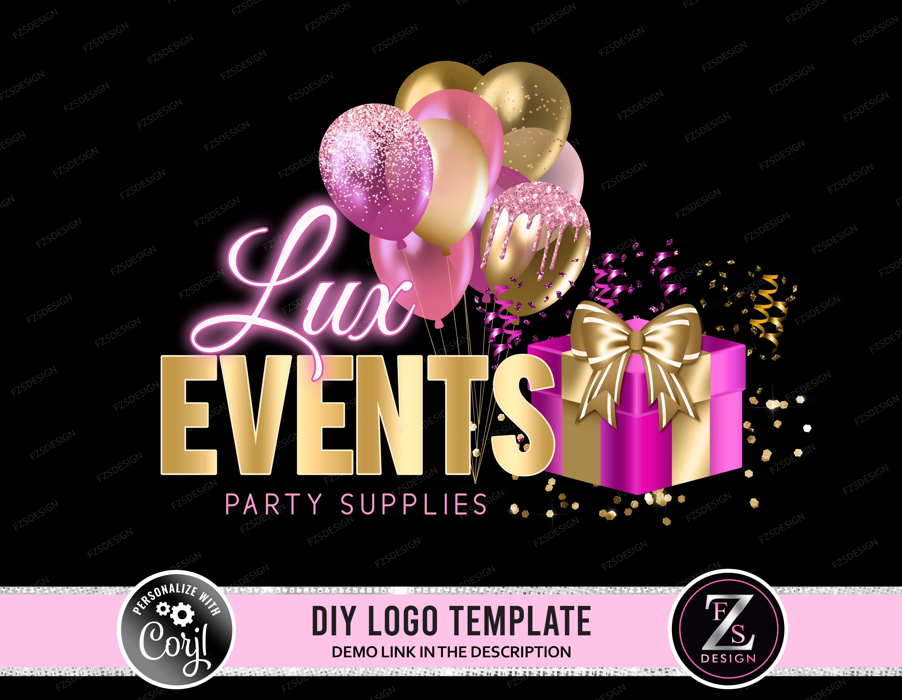 Logotipo de decoración de fiestas, logotipo de globos rosas, logotipo de  regalos, logotipo de eventos, logotipo de bricolaje, logotipo de  suministros para fiestas, plantilla de logotipo de globos dorados, logotipo  de organizador, image size:3000x2328