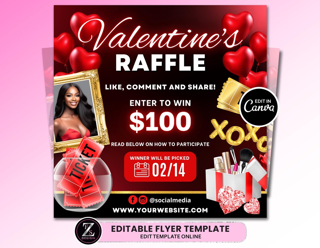Valinetines Raffle Poster Valentines Day Raffle Giveaway Flyer, DIY Valentines Flyer, Giveaway ...