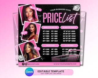 May include: A black and pink digital price list template featuring three photos of individuals with long hair, diamond graphics, and a shopping cart icon. The text includes PRICE LIST, SINGLE BUNDLES, BUNDLES DEALS, FRONTALS, CLOSURES, and placeholders for business name and website.