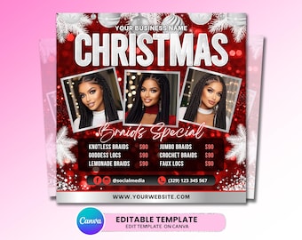 May include: A square promotional flyer template with a red bokeh background, silver Christmas ornaments, and pine branches. It features three photos of a person with braided hair, the text CHRISTMAS Braids Special, and a list of hair services.