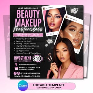 Puede incluir: Gráfico promocional para una masterclass de maquillaje de belleza. El fondo negro presenta el texto "BEAUTY MAKEUP Masterclass" en rosa y blanco. El gráfico incluye imágenes de mujeres maquilladas, ilustraciones de diamantes y una lista de temas.