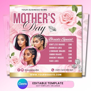 Oferta de trenzas para el Día de la Madre, Oferta de mayo, Precios de trenzas, Oferta de trenzas, Cabello, Pestañas, Plantilla especial de trenzas