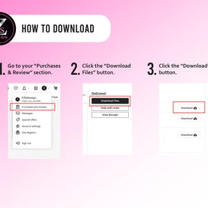 Peut inclure: Un guide illustr&eacute; expliquant comment t&eacute;l&eacute;charger un fichier. L'image, sur fond d&eacute;grad&eacute; rose et blanc, d&eacute;taille les &eacute;tapes : acc&eacute;der &agrave; "Achats et avis", cliquer sur "T&eacute;l&eacute;charger les fichiers", puis sur "T&eacute;l&eacute;charger".