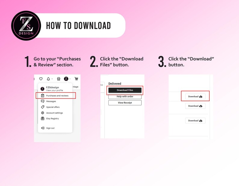 Peut inclure: Un guide illustr&eacute; expliquant comment t&eacute;l&eacute;charger un fichier. L'image, sur fond d&eacute;grad&eacute; rose et blanc, d&eacute;taille les &eacute;tapes : acc&eacute;der &agrave; "Achats et avis", cliquer sur "T&eacute;l&eacute;charger les fichiers", puis sur "T&eacute;l&eacute;charger".